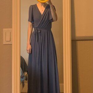 Long Dusty Blue Chiffon Wrap Bridesmaid Dress